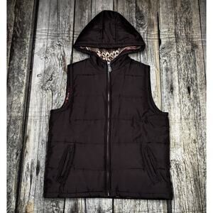 George Puffer Quilted Vest Full Zip Brown Hooded Angora Lining Womens Medium